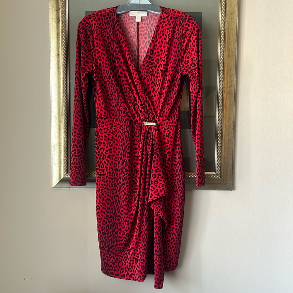 MICHAEL Michael Kors Red and Black Leopard Print Wrap Dress
